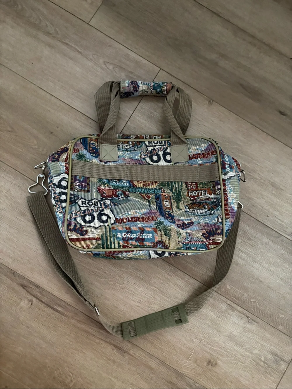 Vintage Route 66 Tapestry Crossbody Bag - Beige Straps